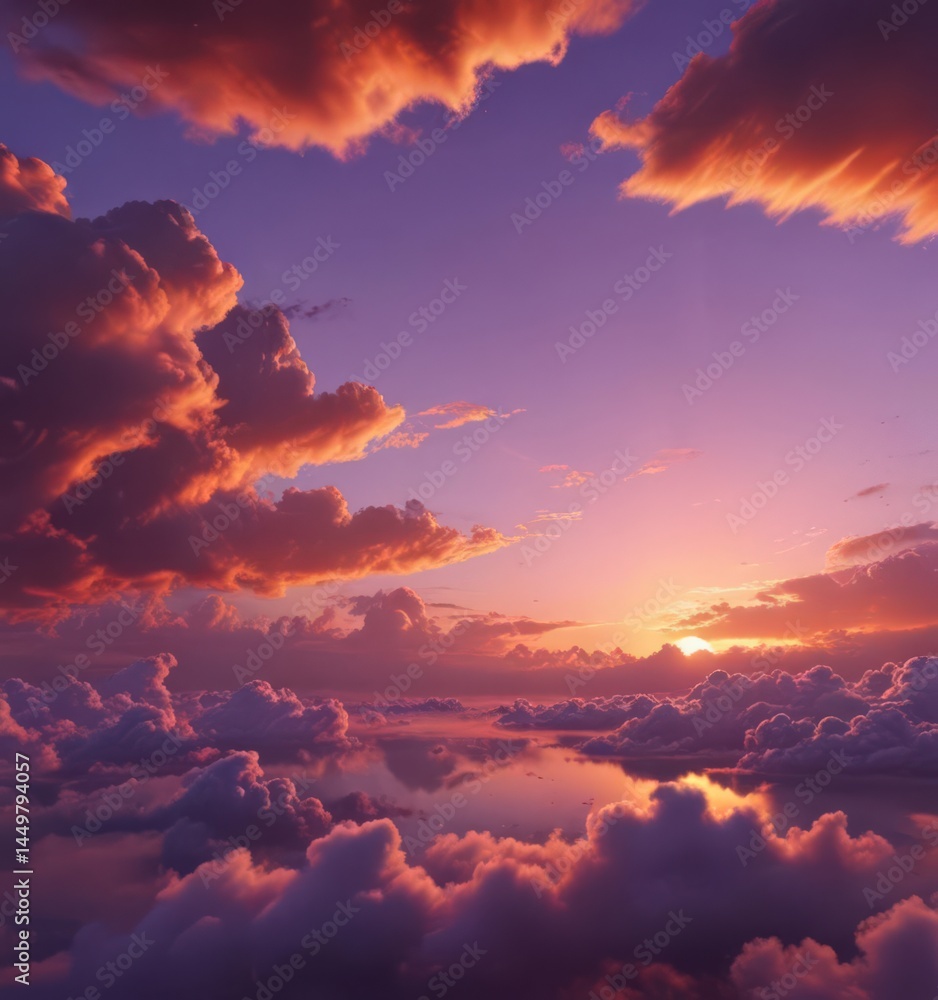 Naklejka premium Fiery orange and purple clouds blaze across a vast, clear sky at sunset , picturesque, sun