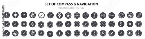 compass rose navigation cartography travel explore equipment icons set silhouette design icon