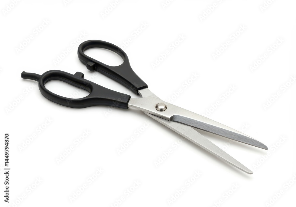 Open scissors with black handles and silver blades isolated against a white background in a studio shot Open scissors with black handles and silver blades isolated against a white background in a studio shot