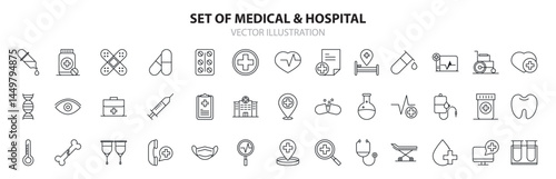 Medical and hospital pictogram line-style icon set