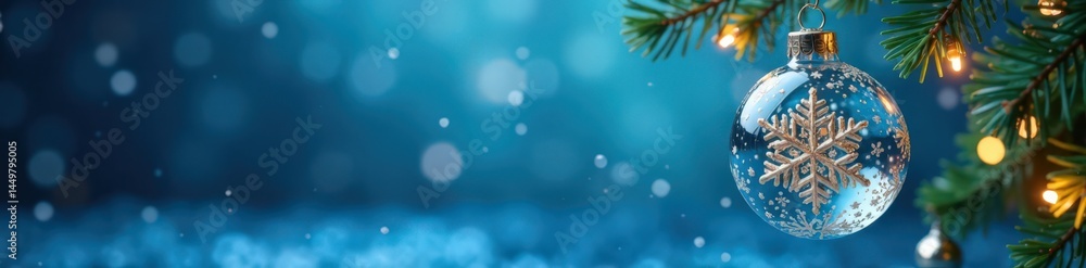 Hanging glass ornament with snowflake design on blue background, hanging, christmas, winter Hanging glass ornament with snowflake design on blue background, hanging, christmas, winter