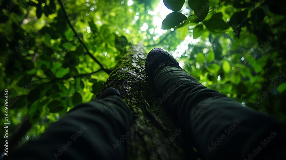 Fototapeta premium Tranquility in the Rainforest: A Low-Angle Perspective of Legs Resting Against a Mossy Tree Trunk, Surrounded by Lush Green Foliage