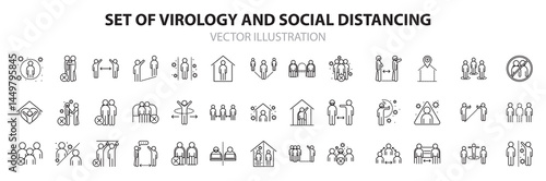 Virology and social distancing icon set
