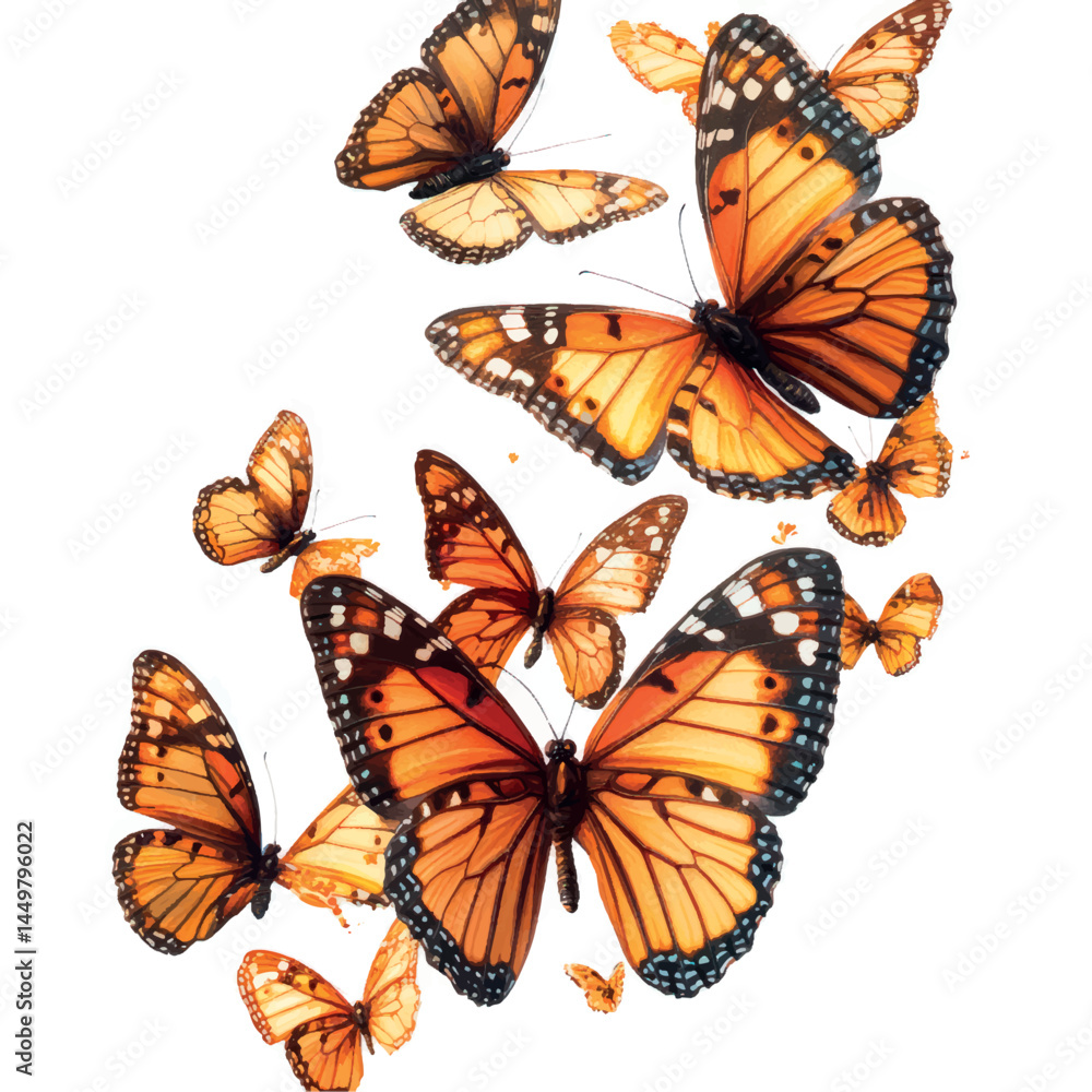 Colorful flying butterflies isolated on white background. Beautiful monarch butterflies. Butterflies print art. Colorful flying butterflies isolated on white background. Beautiful monarch butterflies. Butterflies print art.