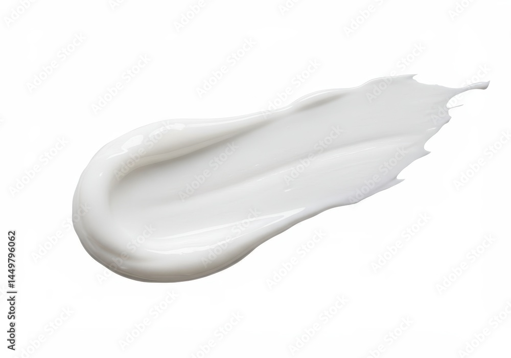 A smear of white cream on a white background shows texture and a smooth, shiny surface A smear of white cream on a white background shows texture and a smooth, shiny surface
