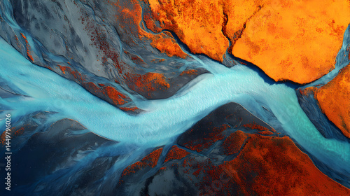 Vibrant aerial vista showcases a serene turquoise river as it delicately weaves between rustic textures
