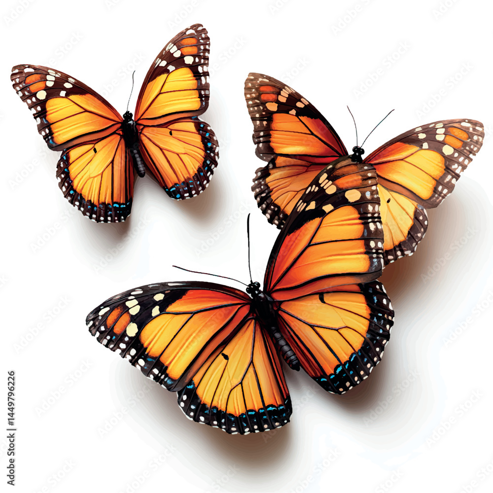 Obraz premium Colorful flying butterflies isolated on white background. Beautiful monarch butterflies. Butterflies print art. 