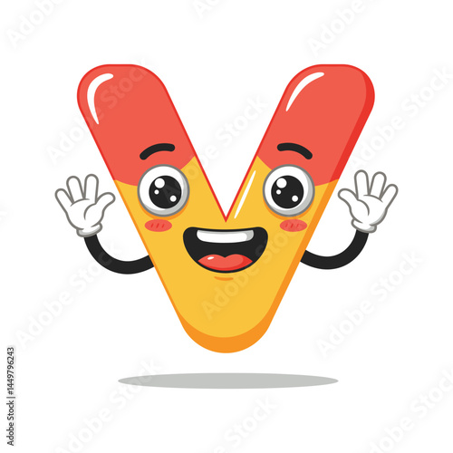 "Cute Cartoon Letter V with Smiley Face and Hands – Colorful Alphabet Character for Kids Education and Fun Learning Design"