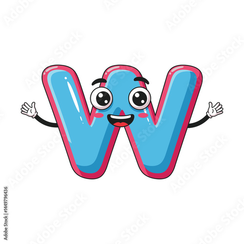 "Adorable Cartoon Letter W with Smiling Face and Hands – Fun Colorful Alphabet Character for Kids Learning and Educational Design"
