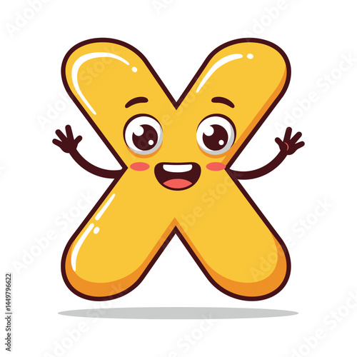 "Cheerful Cartoon Letter X with Happy Face and Raised Hands – Bright Yellow Alphabet Character for Kids Educational and Fun Content"