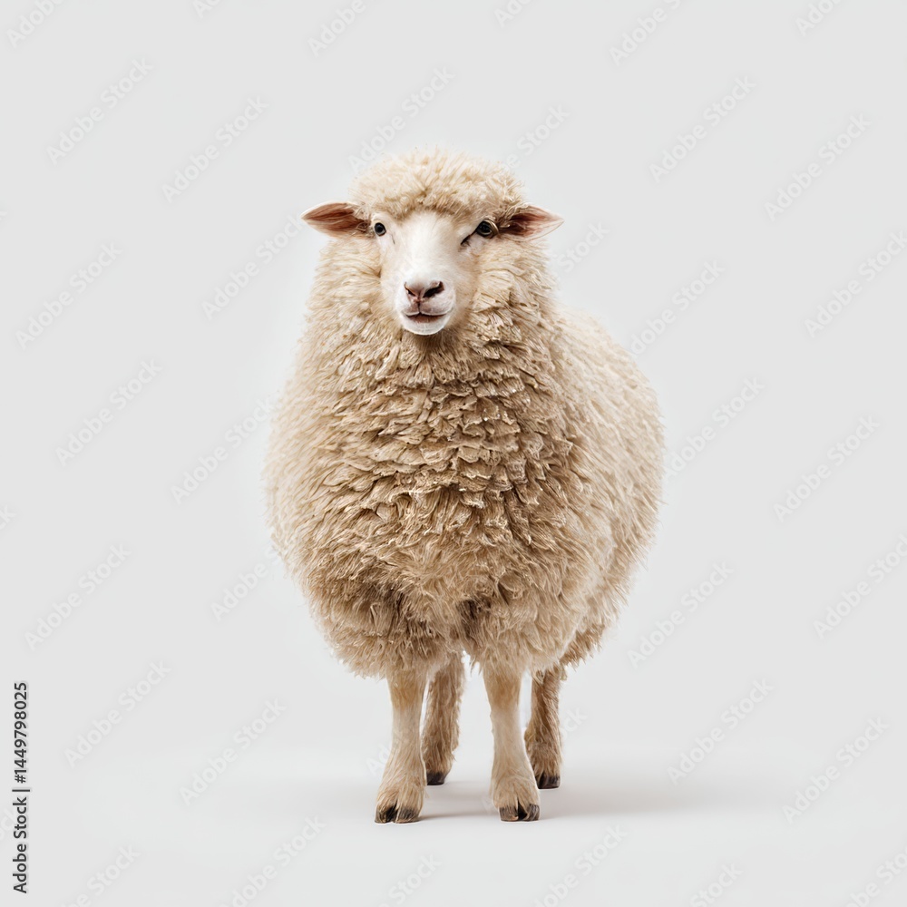 Fototapeta premium a fluffy sheep standing on a plain white studio background