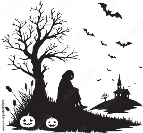 Solitary Gaze: A Hooded Figure Watching the Spooky Church and Graveyard photo