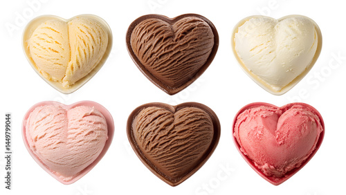 Six Heart Shaped Ice Cream Scoops in Various Flavors