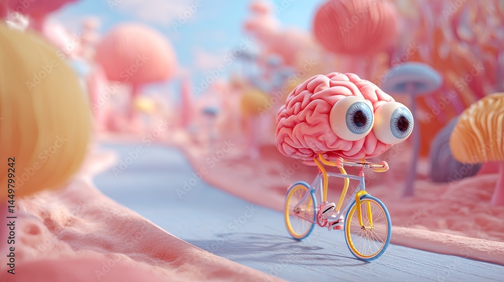 Fototapeta premium Whimsical brain character riding bicycle fantasy land 3d animation