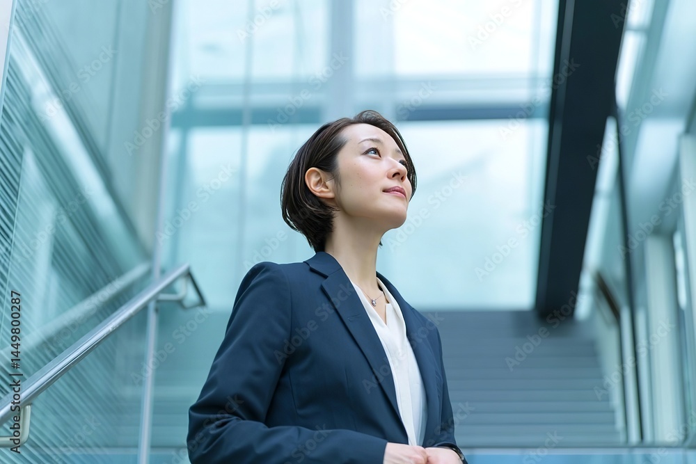 A Japanese woman in her late thirties, wearing business attire, is standing on the second floor of A Japanese woman in her late thirties, wearing business attire, is standing on the second floor of