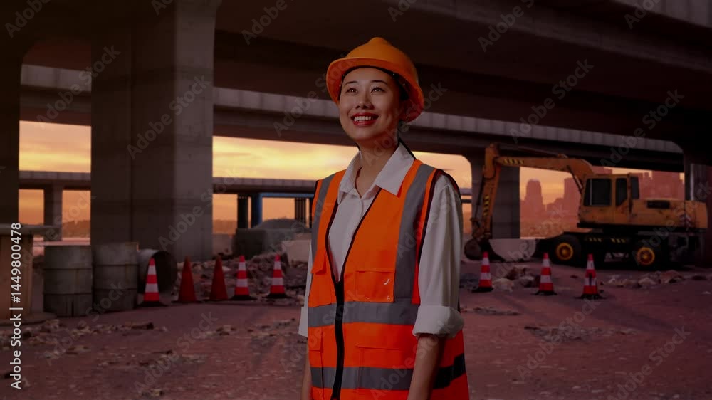 Side View Of Asian Female Engineer With Safety Helmet Looking Around While Standing At The Site of Highway Construction Side View Of Asian Female Engineer With Safety Helmet Looking Around While Standing At The Site of Highway Construction