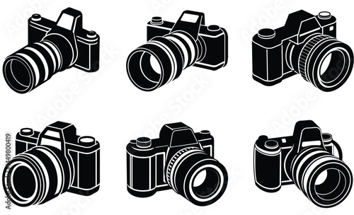 Camera with Zoom Lens Silhouette Vector Set – Telephoto Equipment, Professional Photography Gear