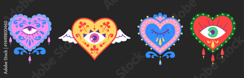 Bright collection of hearts in Mexican folk style - winged love symbol with sacred eye, floral ornaments and teardrops. Traditional Latin American patterns for greeting cards or embroidery designs.