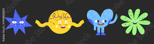 Scary geometric mascots set isolated on black background. Vector cartoon illustration of spooky star, circle, heart, flower shape characters with monster face, legs and arms, school education symbols