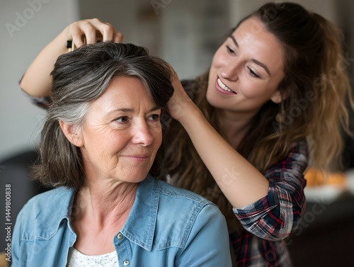 A woman with gray hair is getting her hair done by a younger woman