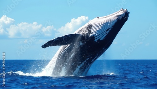 Massive humpback whale's powerful breach, clear Pacific water, Puerto Lopez, wild animal, South America