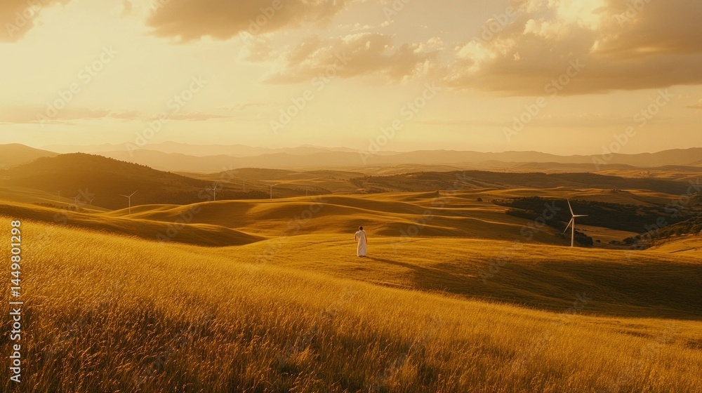 Fototapeta premium Golden hillscape with a solitary figure under a warm sky.