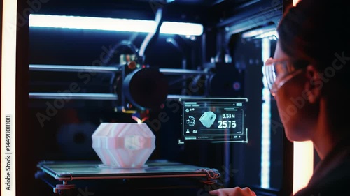 Woman Observing 3D Printer Creating White Geometric Object