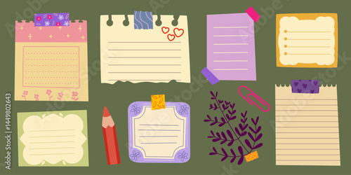 Cute hand drawn memo note sheets set - lined notepaper, to do checklist borders, floral patterns and vintage frames. Colorful journal sticker pack for scrapbooking, stationery, planner decoration.