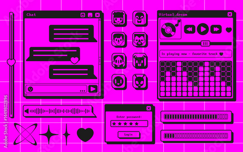 Retro user interface screens - music player, chat window template, login form and avatars. Neon pink graphic elements and vintage style buttons, sliders and icons. Old school cyberpunk gui design kit.