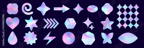 Y2k holographic stickers set - iridescent gradient shapes isolated on dark background. Sparkly pastel neon decals for teen aesthetic, 90s nostalgic vibe. Decorative elements for retro design.