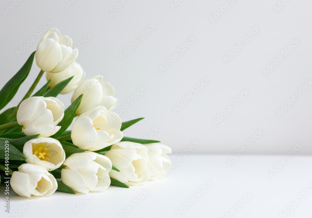 Elegant arrangement of white tulips with green leaves on a bright white surface, creating a clean and minimalist aesthetic Elegant arrangement of white tulips with green leaves on a bright white surface, creating a clean and minimalist aesthetic