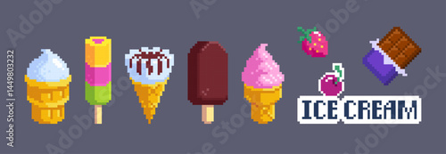 Pixel art ice cream set. 8 bit style desserts - vanilla soft serve, strawberry sundae, chocolate dipped bar, sprinkle covered popsicle. Retro graphics of frozen treats in waffle cones or on sticks