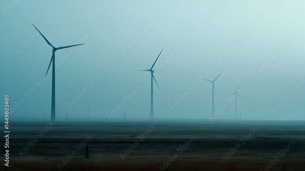 Ethereal view of energy turbines under a foggy sky producing renewable electricity for future generations Ethereal view of energy turbines under a foggy sky producing renewable electricity for future generations
