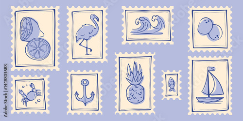 Maritime postage stamp collection - line drawings of fruits, sea creatures, plants and sailboat. Contour postmarks with symbols of summer vacation, coastal travel, tropical island in pastel blue color