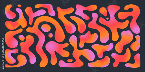 Vibrant funky liquid shapes with colorful gradients - pink, orange and red bubbly blobs squiggling on black bg. Psychedelic curvy amoeba forms, quirky decorative trendy elements for groovy design.