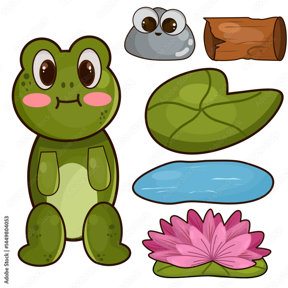 Fototapeta premium sticker sheet illustration of cute green frogs and lotus flowers in a lake