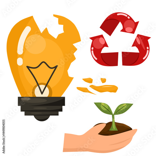 illustration of a broken light bulb icon and recycling symbol