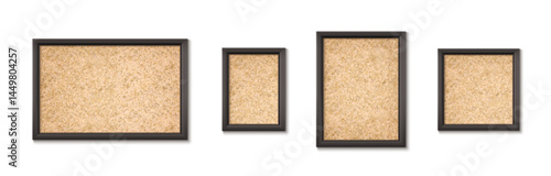 Cork board texture displayed in various sized rectangular wooden frames on white background. Brown speckled corkboard material - natural bulletin board backdrop for office or home organization.