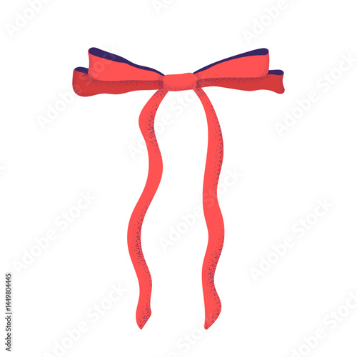 Thin ribbon bow vector illustration. Coquette red bowknot with texture isolated on white background. Elegant trendy clipart. Hair accessory, party design, birthday decor in modern flat cartoon style