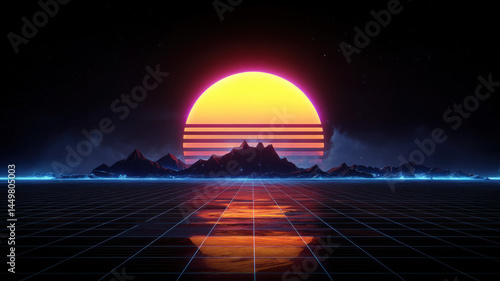 Bright Retro Sunset Reflecting on Sci-Fi Water a high-resolution, conceptual visual design ideal for use in digital media, stock content, or educational and marketing applications.
