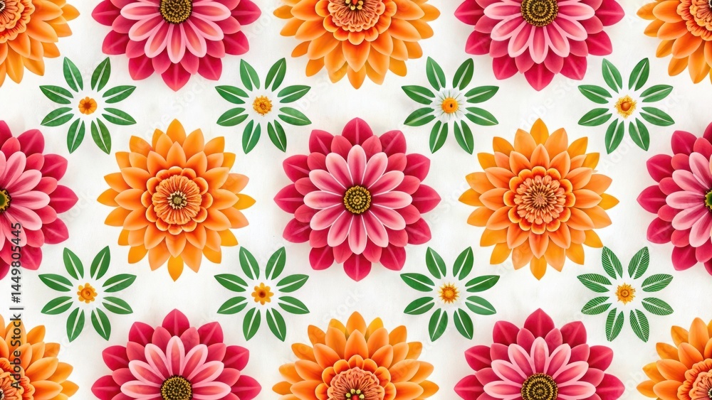 Elegant flower pattern with pink and orange dahlias on white background Elegant flower pattern with pink and orange dahlias on white background