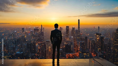 Inspiring Businessman Silhouette Contemplating Cityscape at Dramatic Sunset