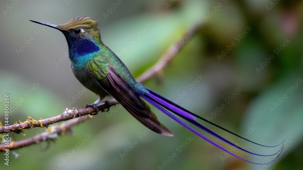 Fototapeta premium Violet-tailed Sylph Hummingbird Perched on Branch, Vibrant Plumage Close-up