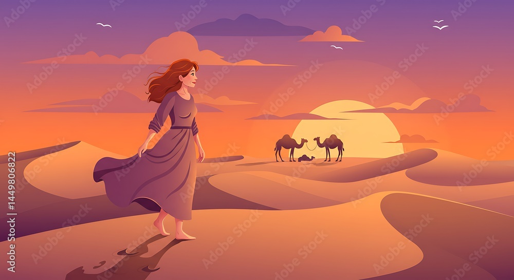 Fototapeta premium Woman Walking in Desert at Sunset