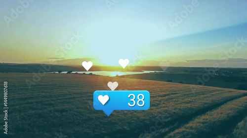Floating heart icons converging toward blue notification bubble showing number 47 over golden field