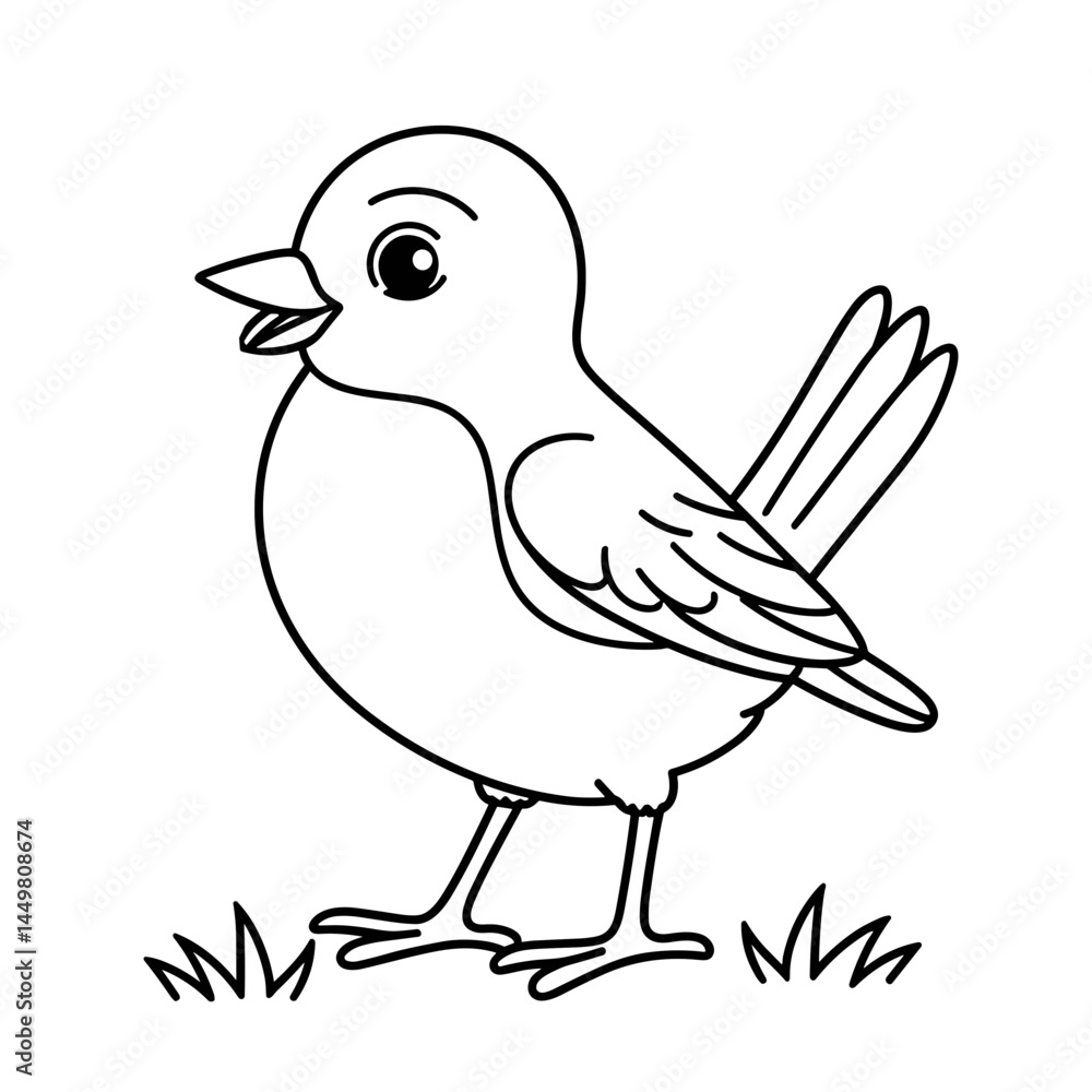 Happy bird colorable illustration on grassy background Happy bird colorable illustration on grassy background