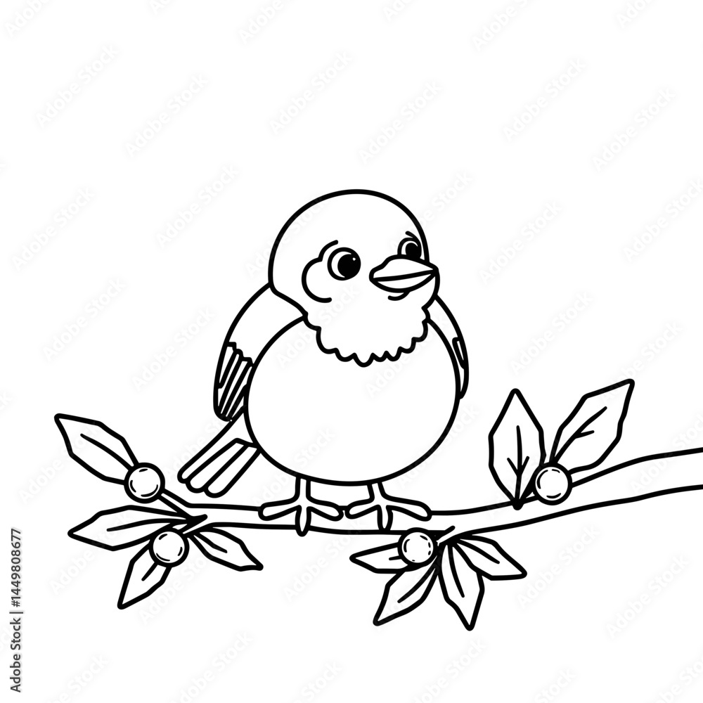 Fototapeta premium Cute Bird Sitting on Branch in Black and White Coloring Style 