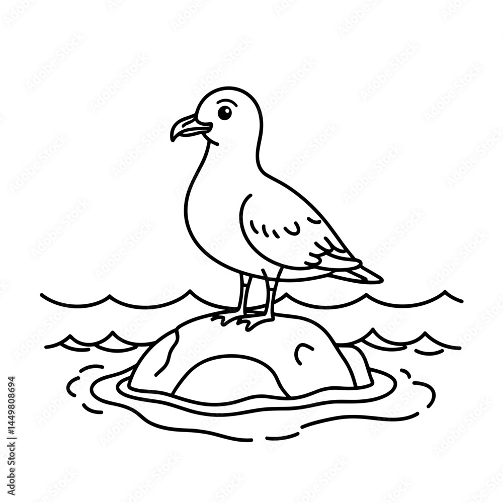 Obraz premium Bird coloring book illustration of a seagull on a rock 