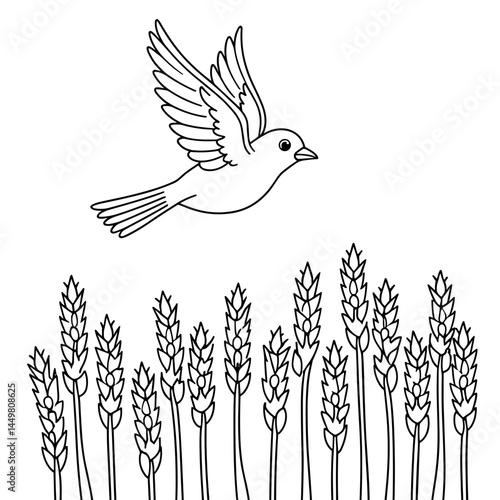 Bird flying over wheat field in a coloring book style  