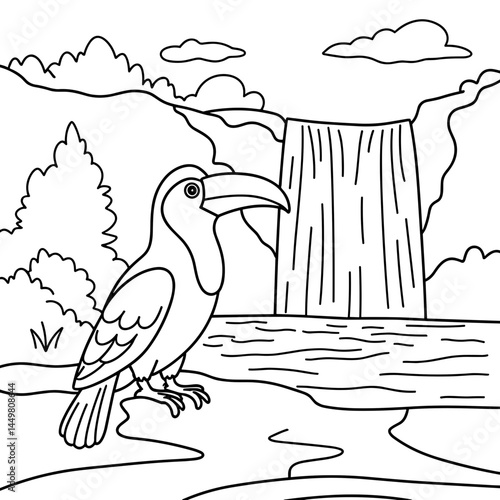 Coloring page of a bird beside a waterfall in nature  